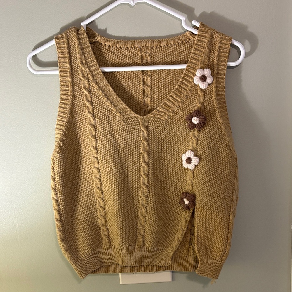 Cable Knit Sweater Vest with Floral Accents